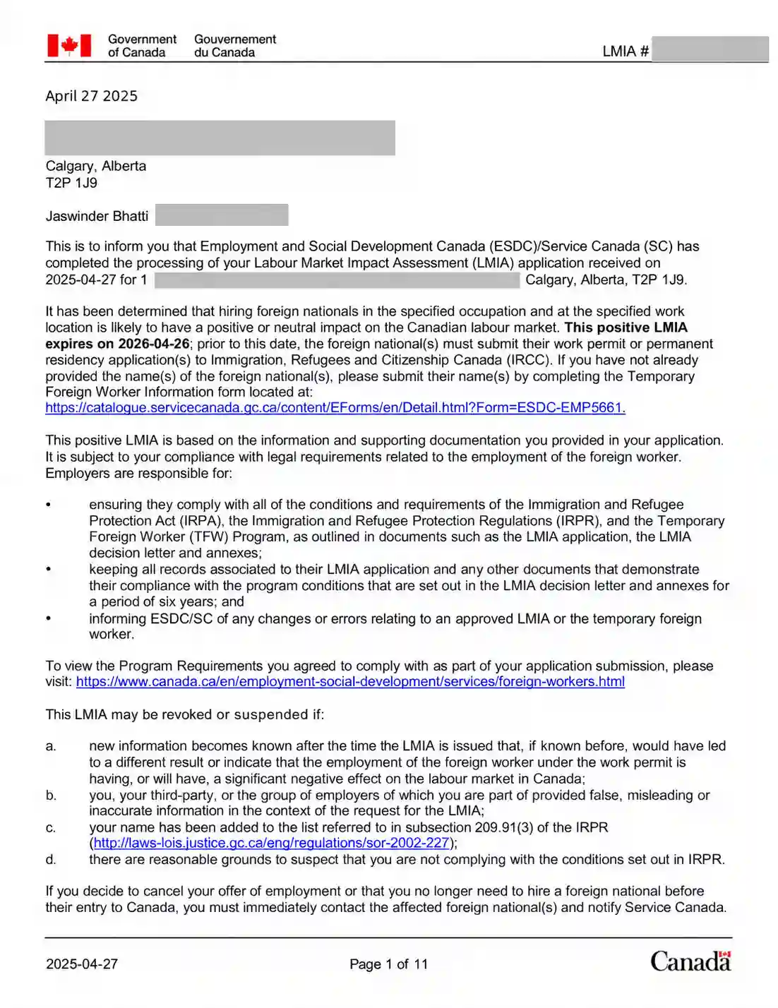 canada demo employment permit