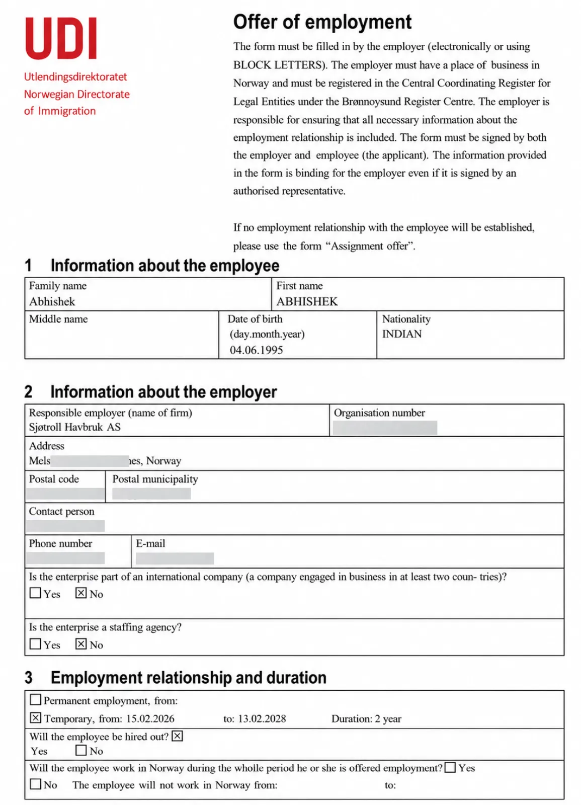 norwagian offer of employement