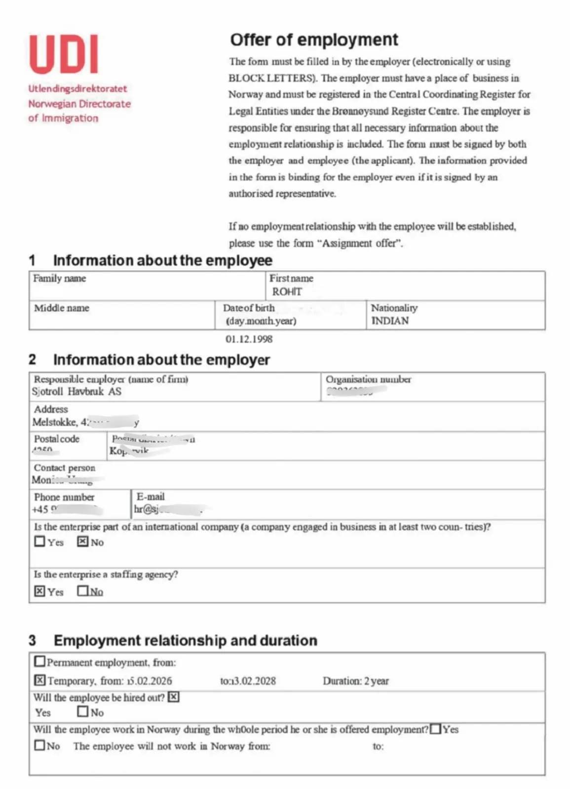 norway offer of employement