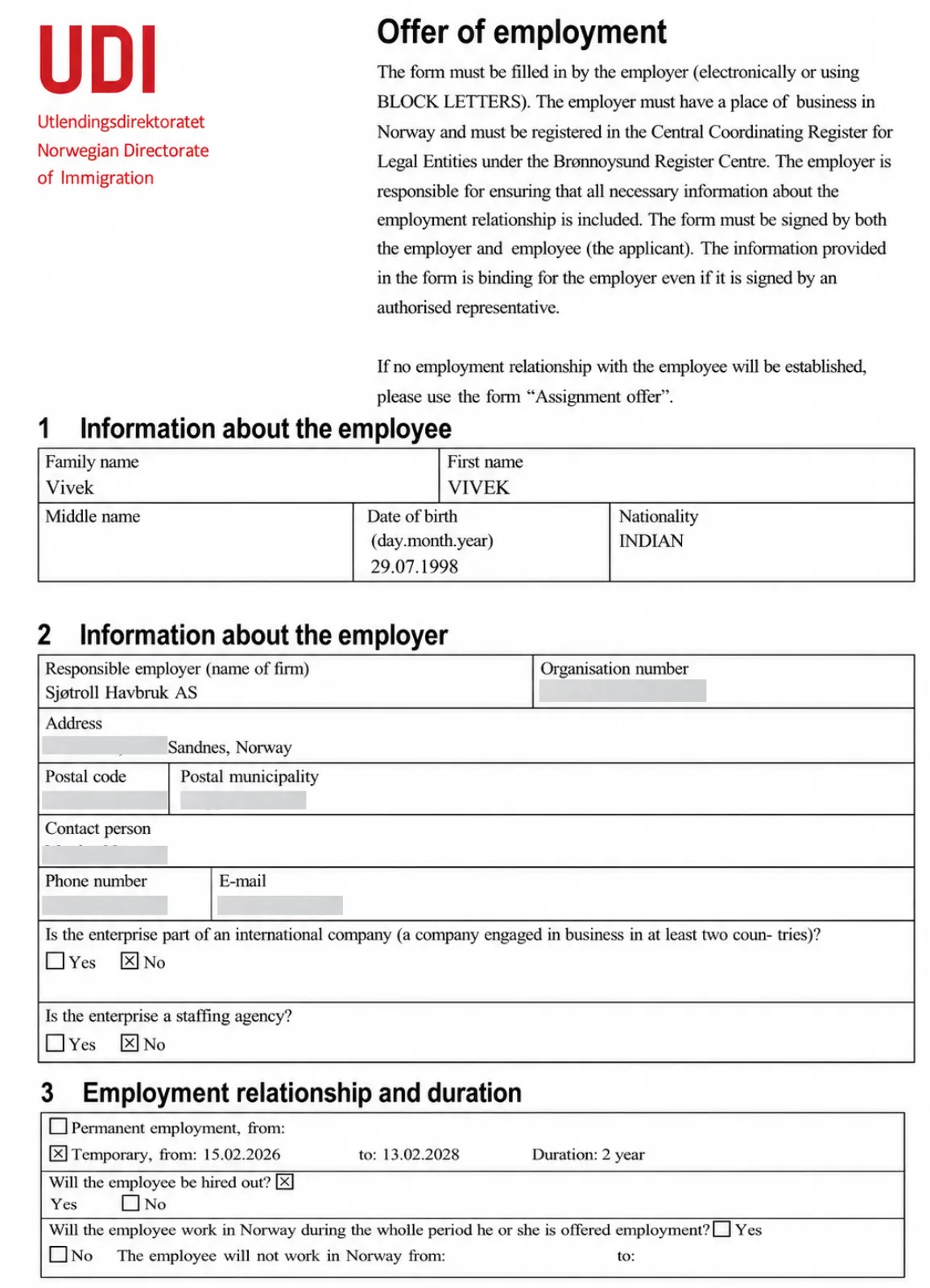 offer of employement norway