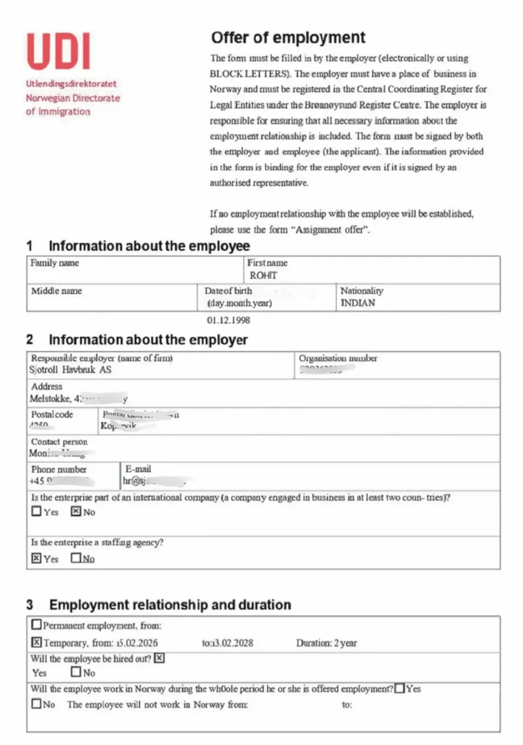 nowegian offer of employment